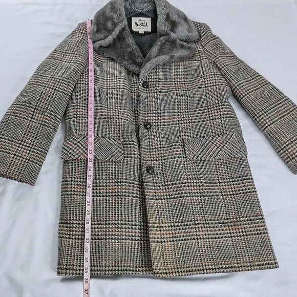 VTG Woolrich Gray Black Red Plaid Houndstooth Wool Fur Lined Long Coat 60s 70s - Picture 7 of 9